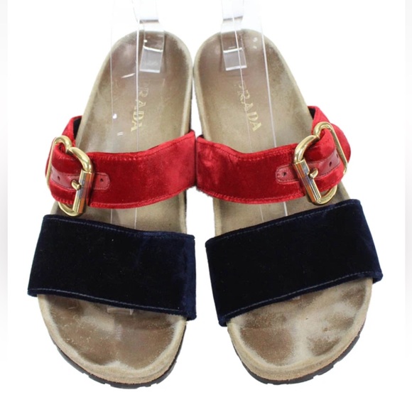 PRADA Womens Velvet Gold Buckle Slide On Sandals Navy Blue Red Size 39.5